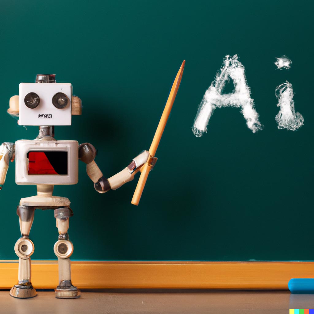 Dalle prompt: toy robot made of computer parts holding a stick pointing at a blackboard that says AI in a classroom.